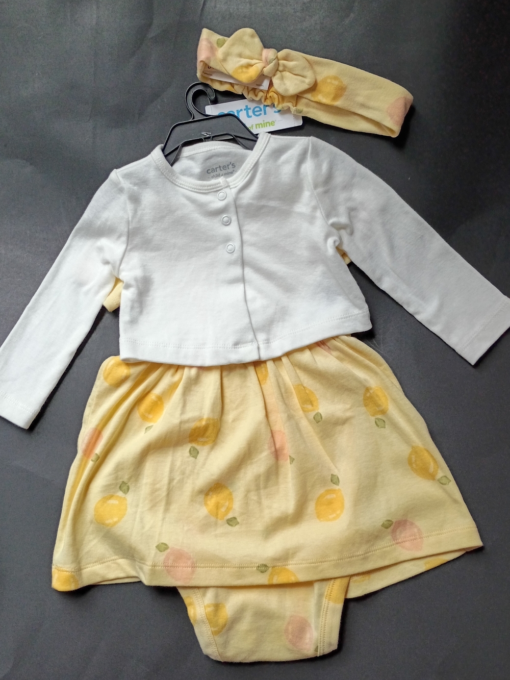 Carter's White Cardigan with Yellow Fruit Dress & Bow Headband Set
